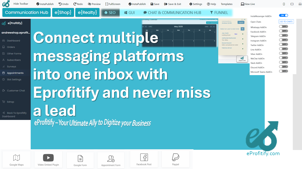 Connect multiple messaging platforms into one inbox with Eprofitify and never miss a lead